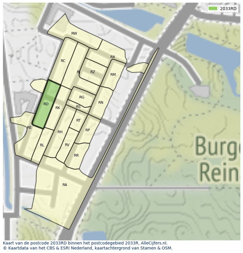 Afbeelding van het postcodegebied 2033 RD op de kaart.
