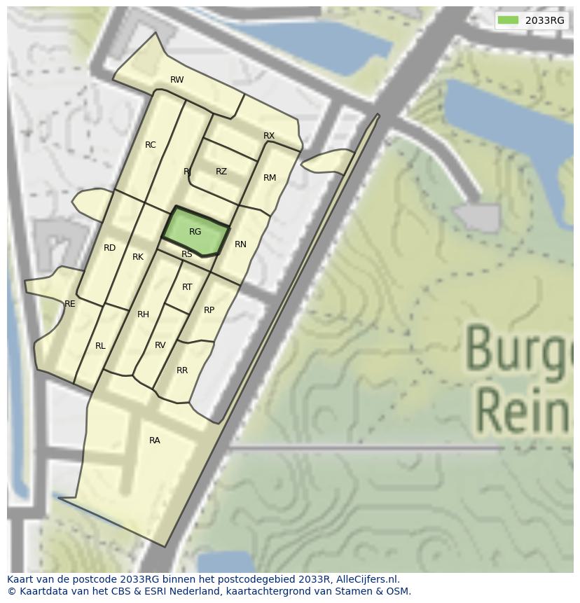Afbeelding van het postcodegebied 2033 RG op de kaart.