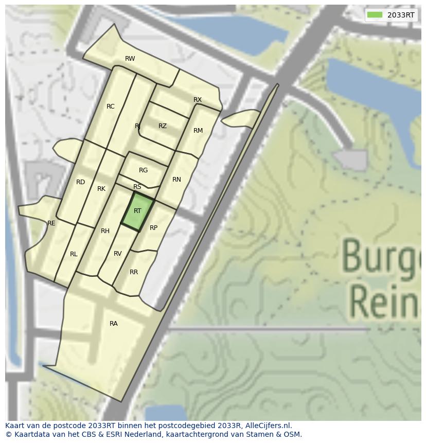 Afbeelding van het postcodegebied 2033 RT op de kaart.