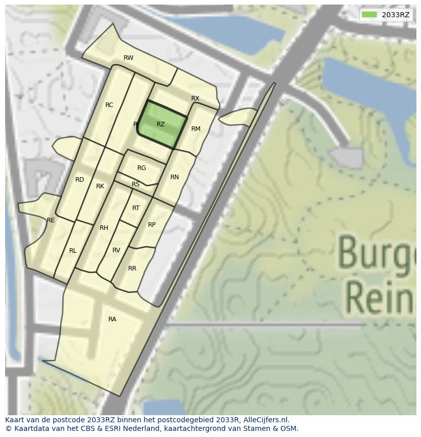 Afbeelding van het postcodegebied 2033 RZ op de kaart.