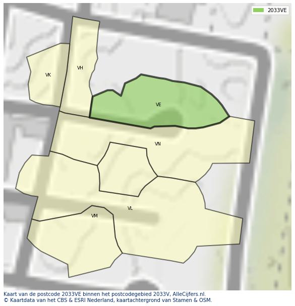 Afbeelding van het postcodegebied 2033 VE op de kaart.