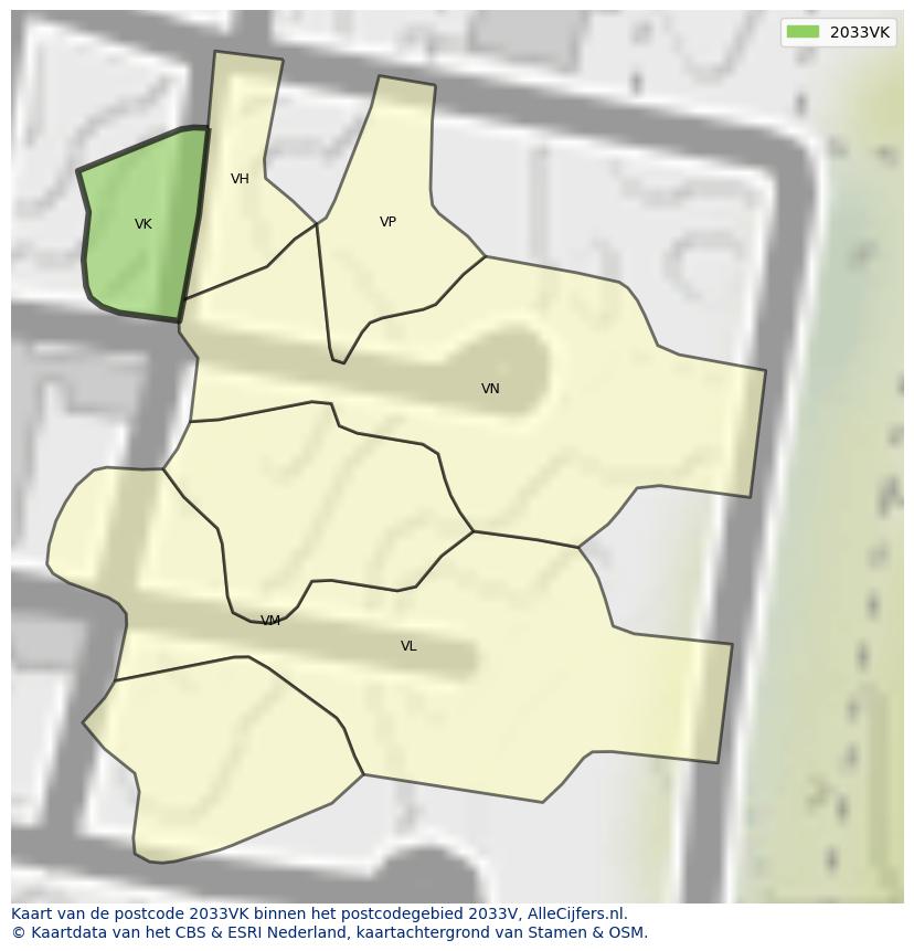 Afbeelding van het postcodegebied 2033 VK op de kaart.