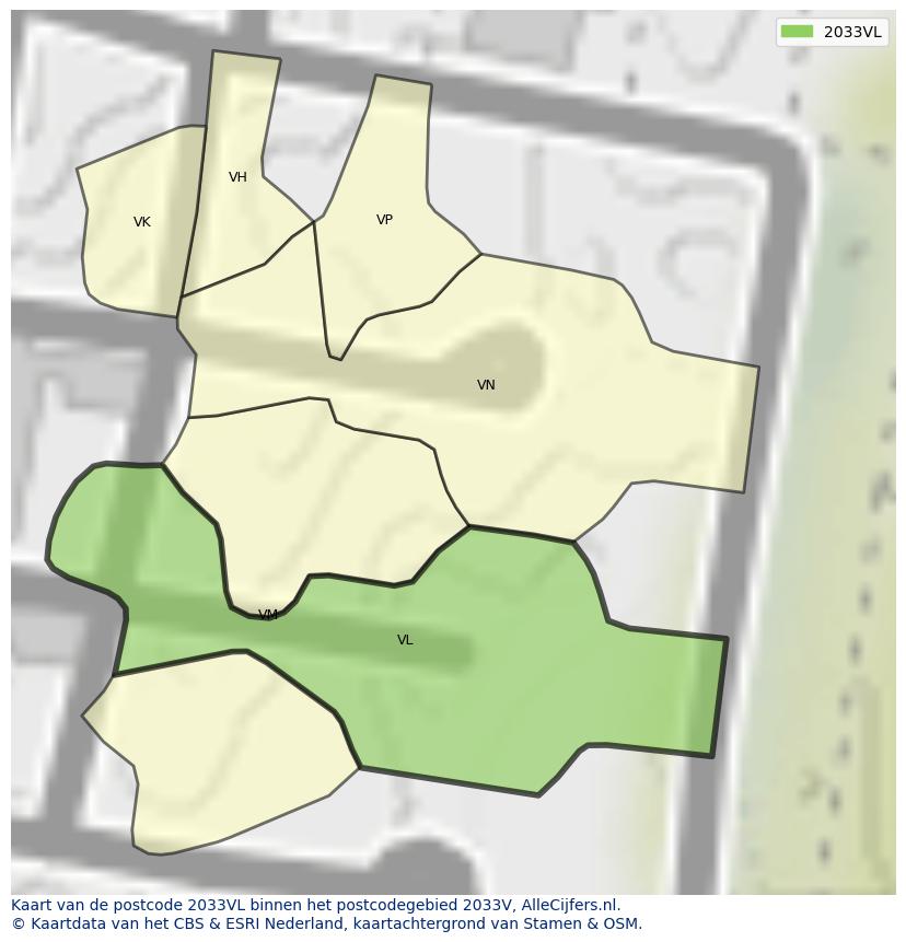 Afbeelding van het postcodegebied 2033 VL op de kaart.