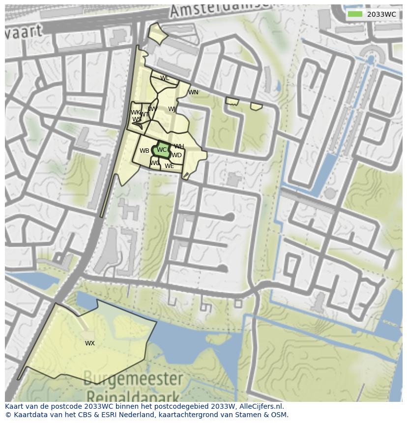 Afbeelding van het postcodegebied 2033 WC op de kaart.