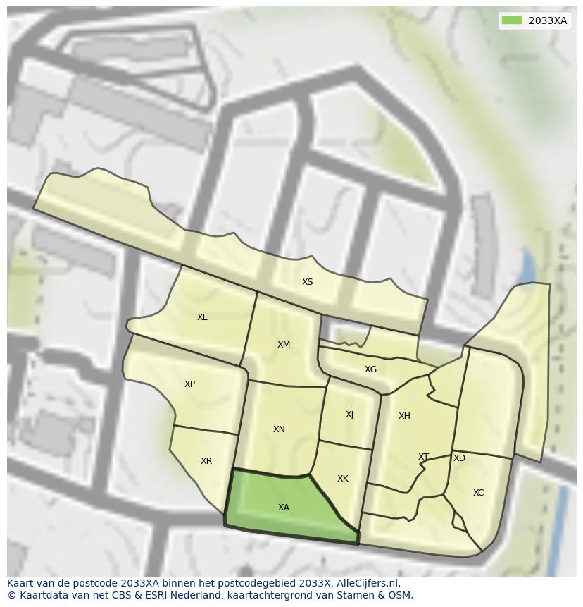 Afbeelding van het postcodegebied 2033 XA op de kaart.