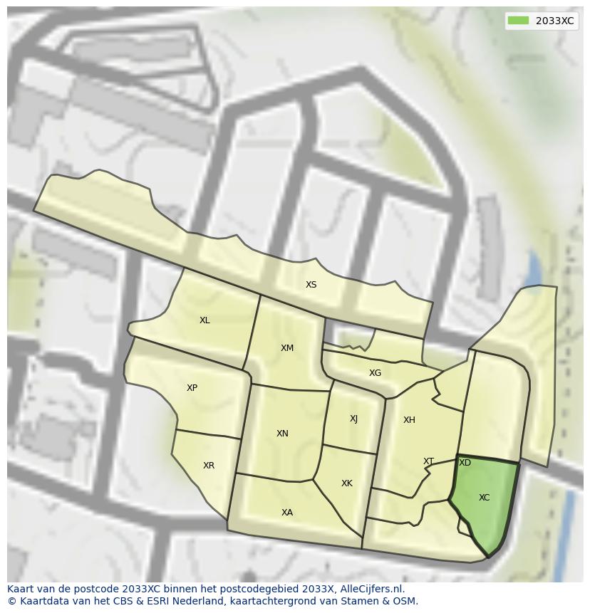 Afbeelding van het postcodegebied 2033 XC op de kaart.