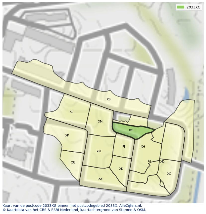 Afbeelding van het postcodegebied 2033 XG op de kaart.
