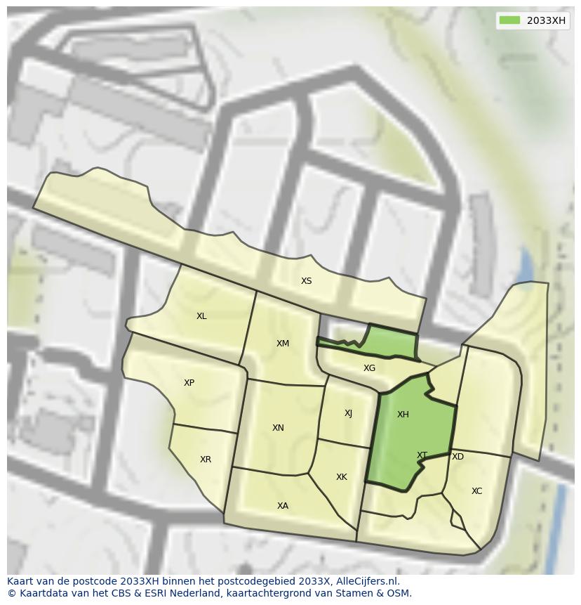 Afbeelding van het postcodegebied 2033 XH op de kaart.