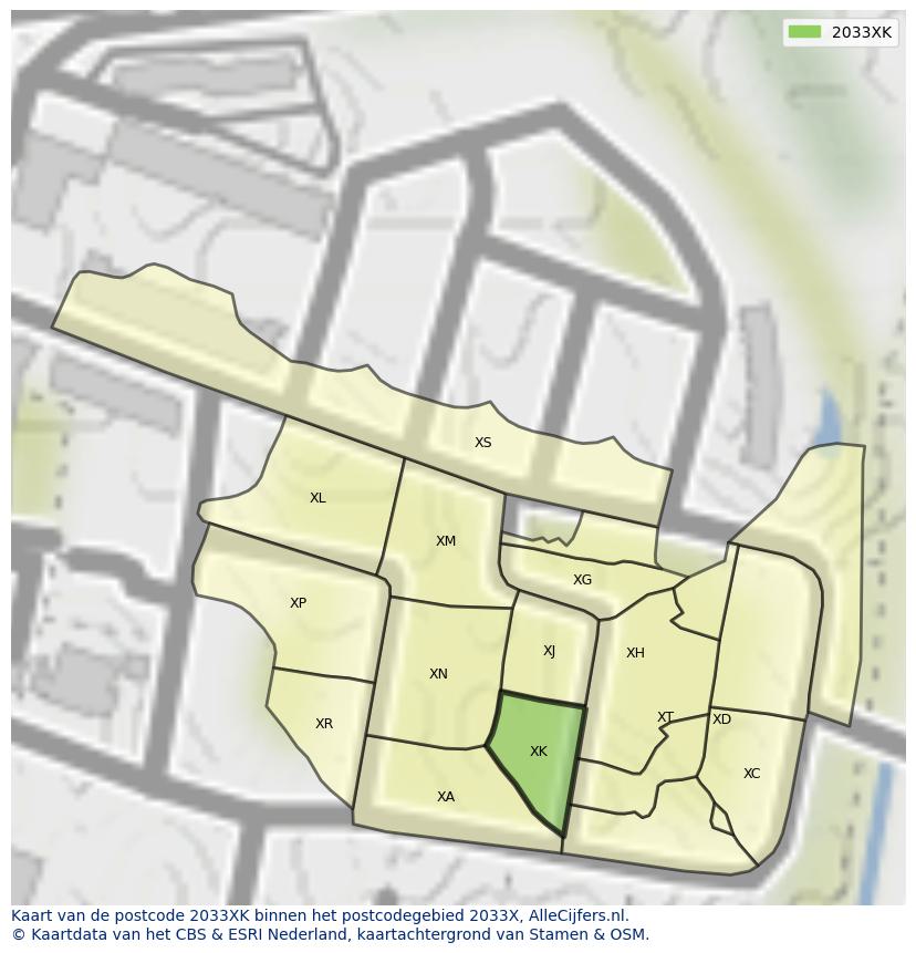Afbeelding van het postcodegebied 2033 XK op de kaart.