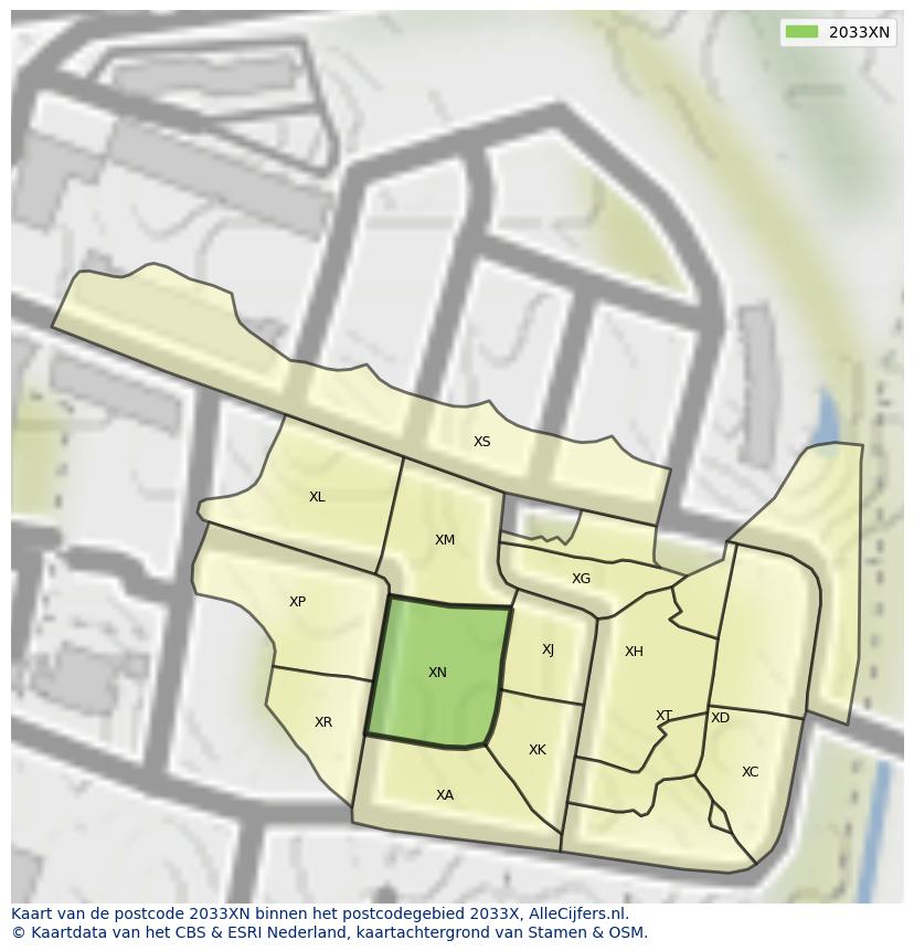 Afbeelding van het postcodegebied 2033 XN op de kaart.