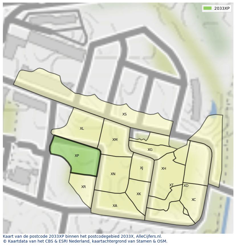Afbeelding van het postcodegebied 2033 XP op de kaart.