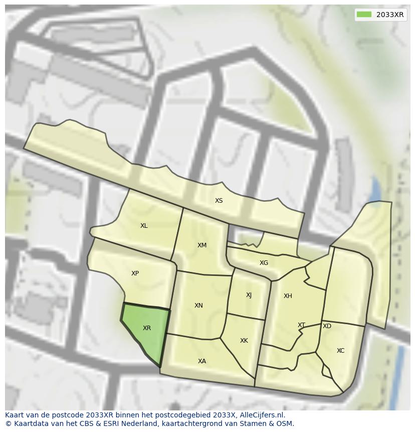 Afbeelding van het postcodegebied 2033 XR op de kaart.