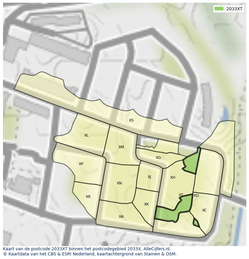 Afbeelding van het postcodegebied 2033 XT op de kaart.