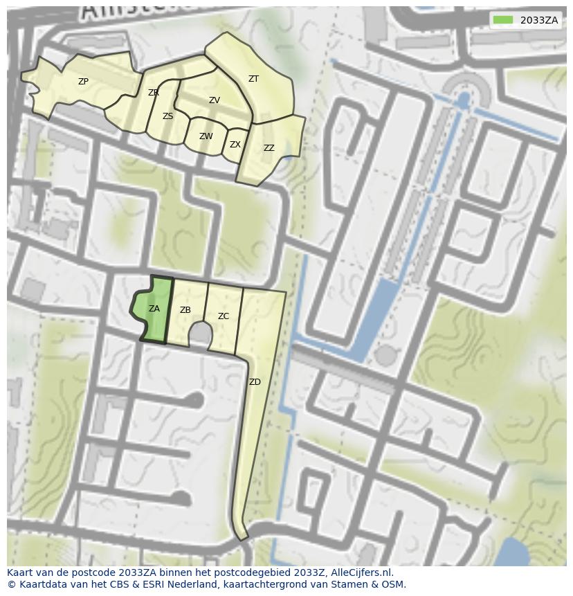 Afbeelding van het postcodegebied 2033 ZA op de kaart.