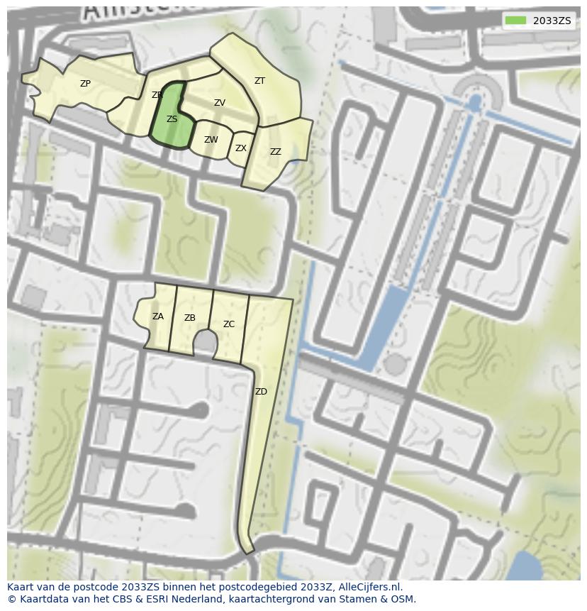 Afbeelding van het postcodegebied 2033 ZS op de kaart.