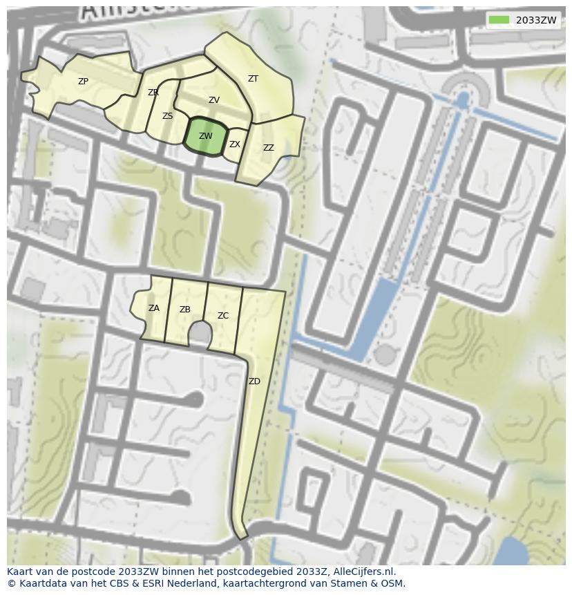 Afbeelding van het postcodegebied 2033 ZW op de kaart.