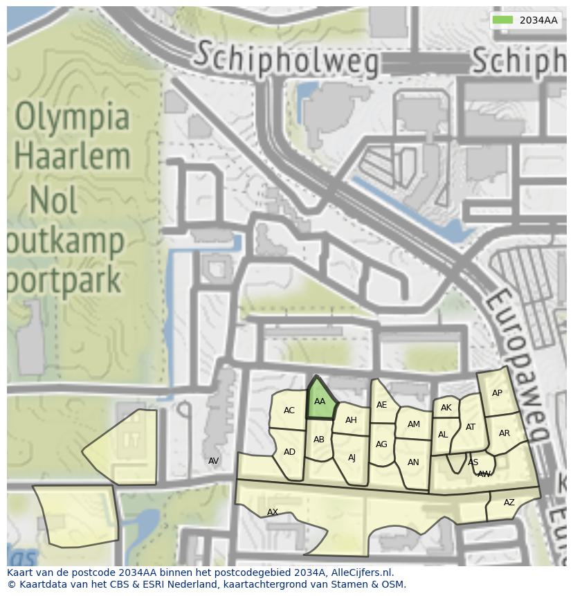 Afbeelding van het postcodegebied 2034 AA op de kaart.