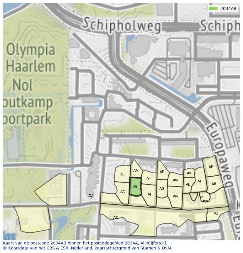 Afbeelding van het postcodegebied 2034 AB op de kaart.