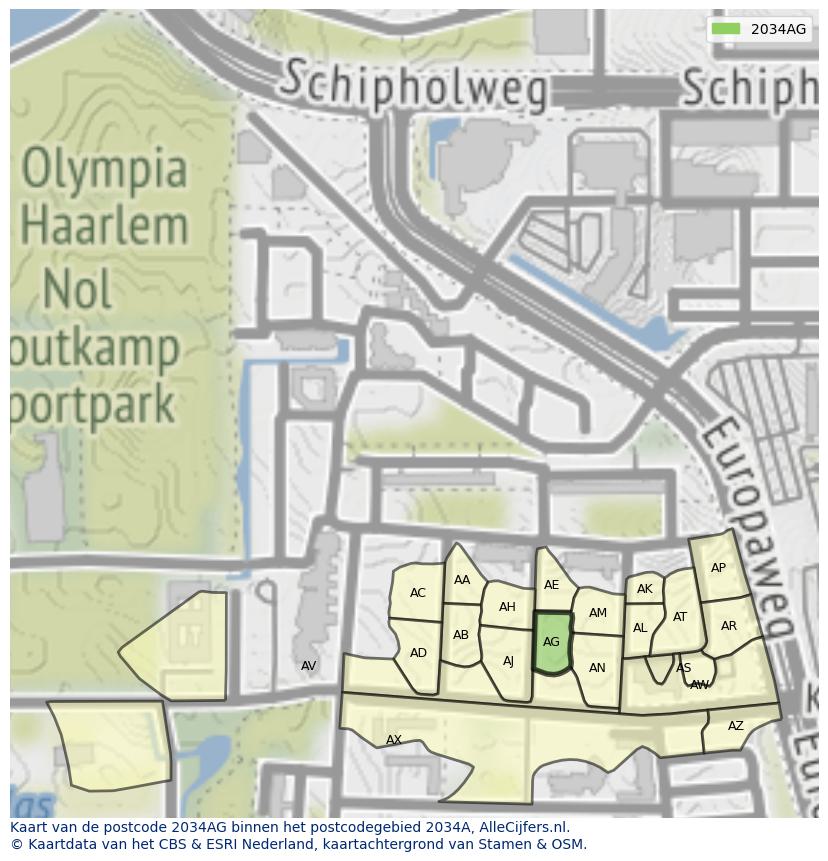 Afbeelding van het postcodegebied 2034 AG op de kaart.