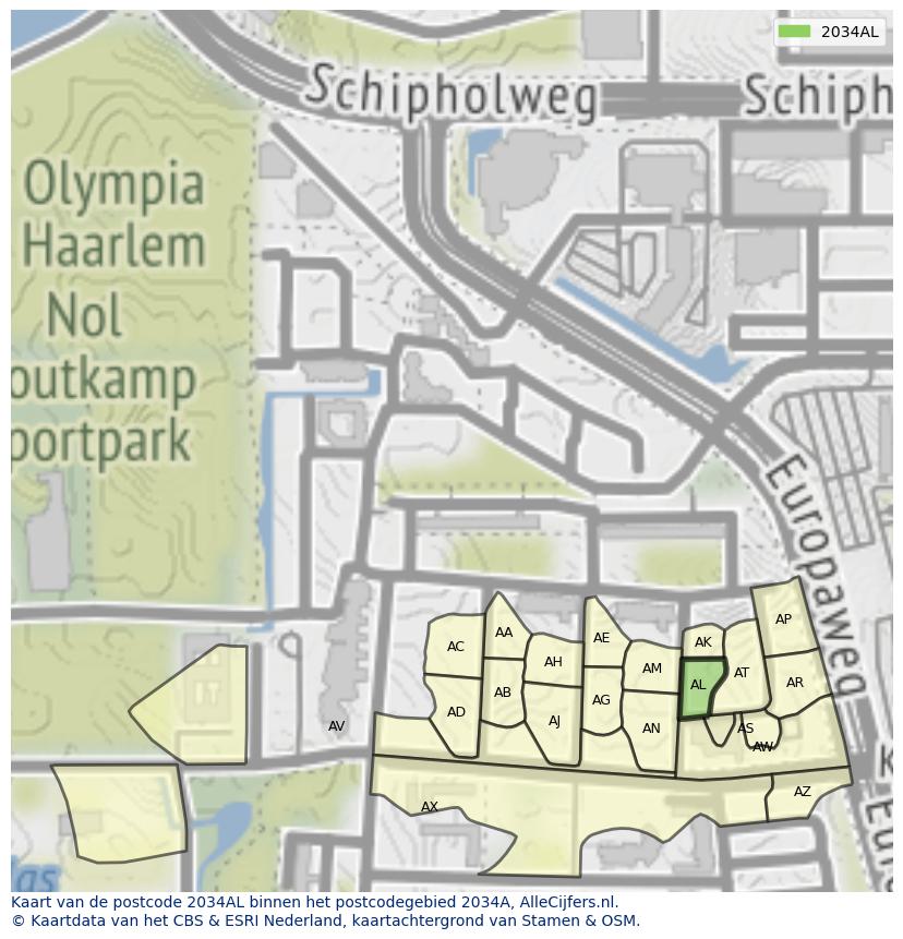 Afbeelding van het postcodegebied 2034 AL op de kaart.