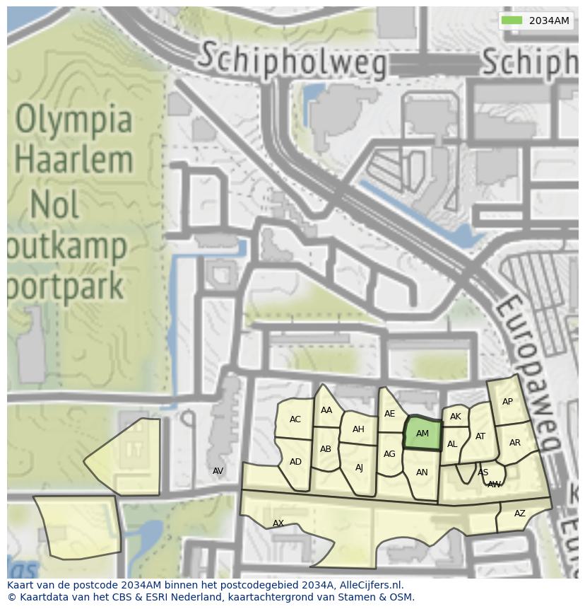 Afbeelding van het postcodegebied 2034 AM op de kaart.