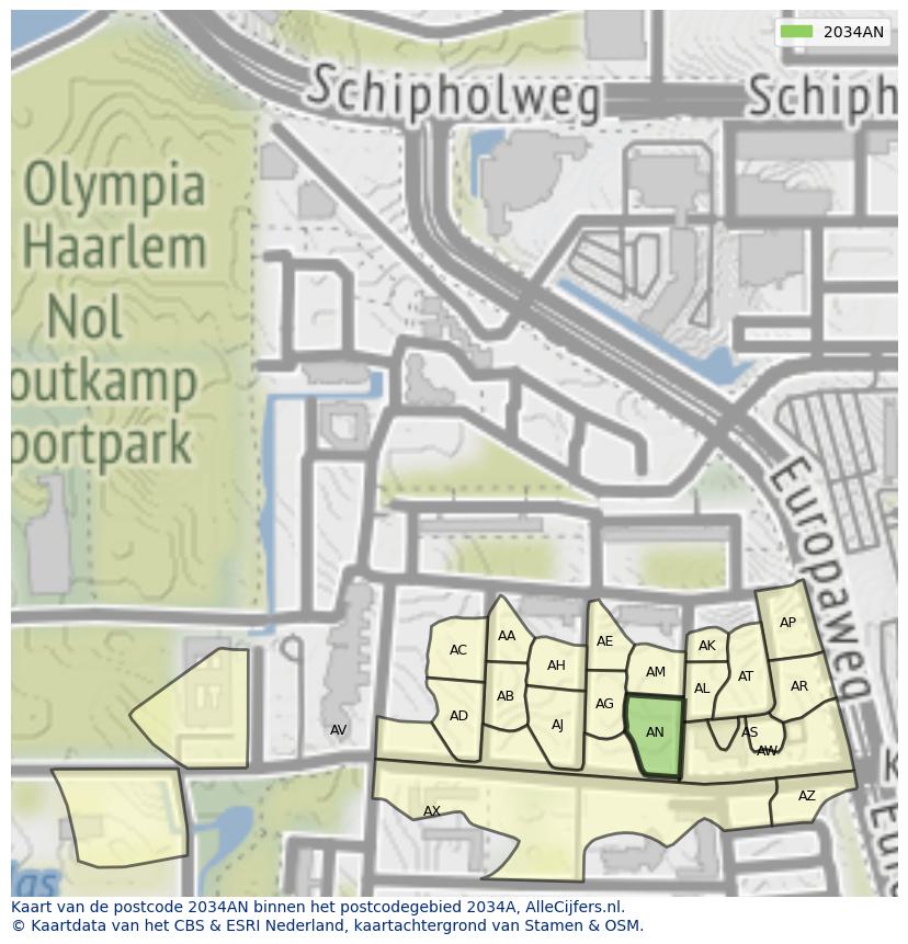 Afbeelding van het postcodegebied 2034 AN op de kaart.