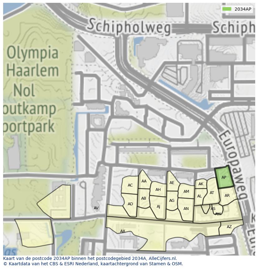 Afbeelding van het postcodegebied 2034 AP op de kaart.