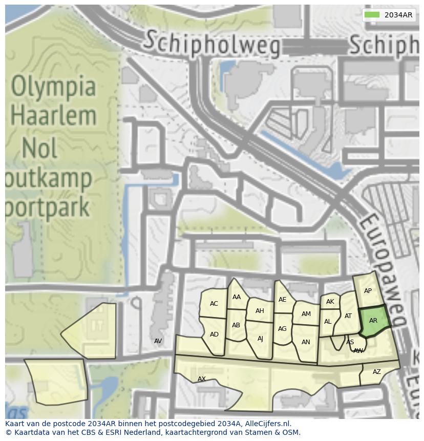 Afbeelding van het postcodegebied 2034 AR op de kaart.