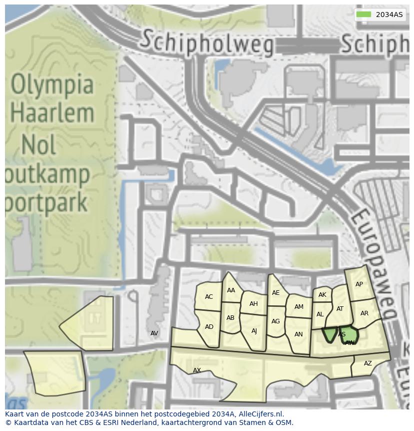 Afbeelding van het postcodegebied 2034 AS op de kaart.