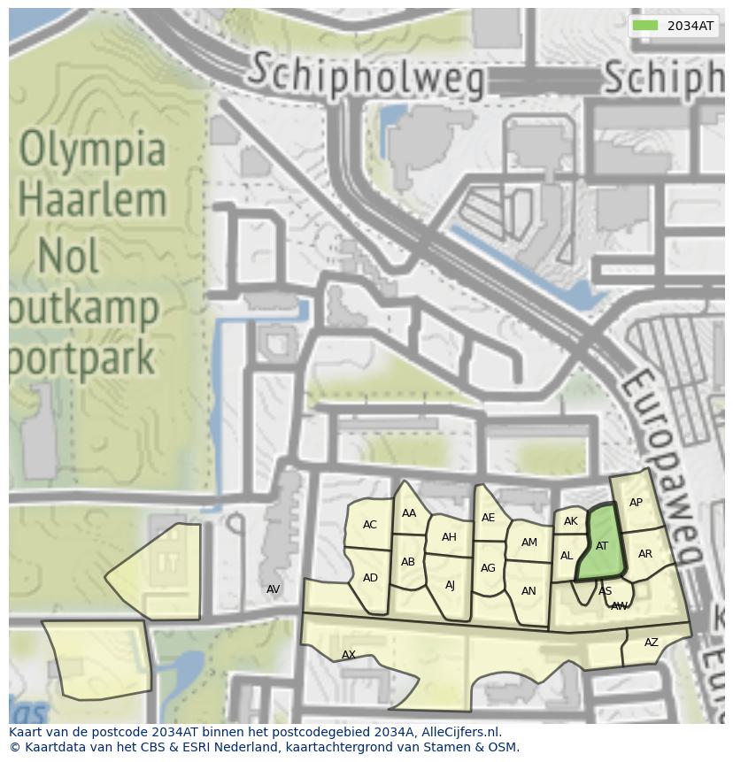Afbeelding van het postcodegebied 2034 AT op de kaart.