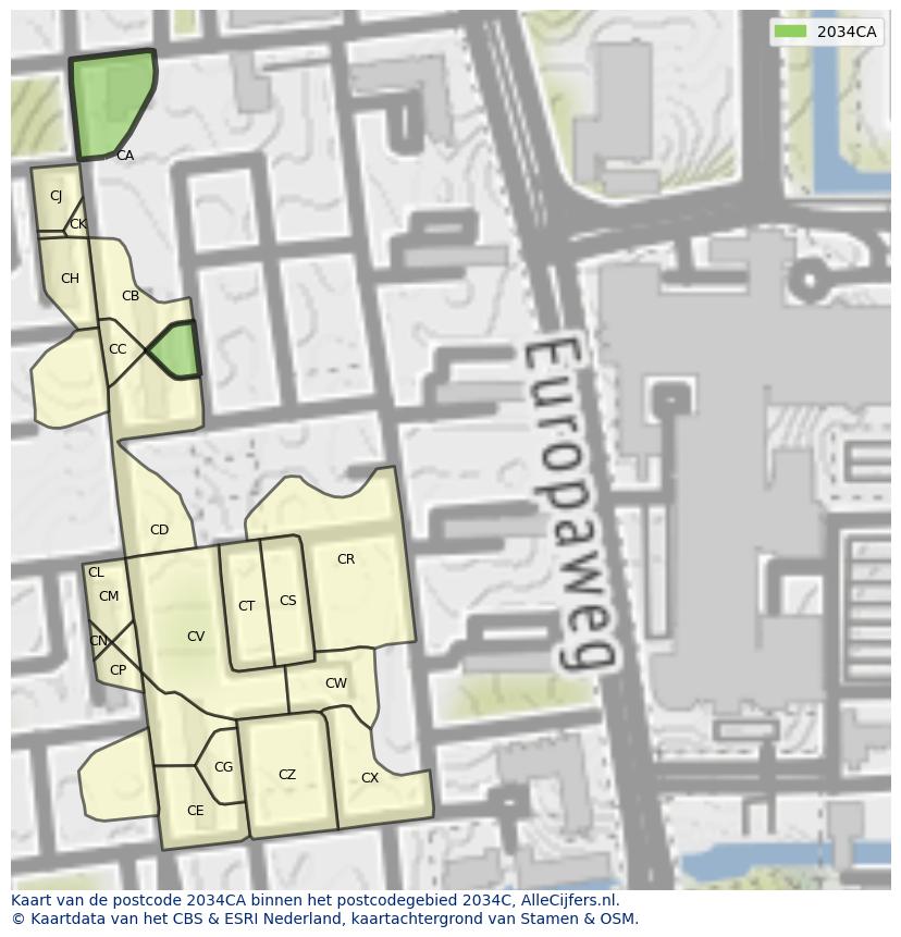 Afbeelding van het postcodegebied 2034 CA op de kaart.