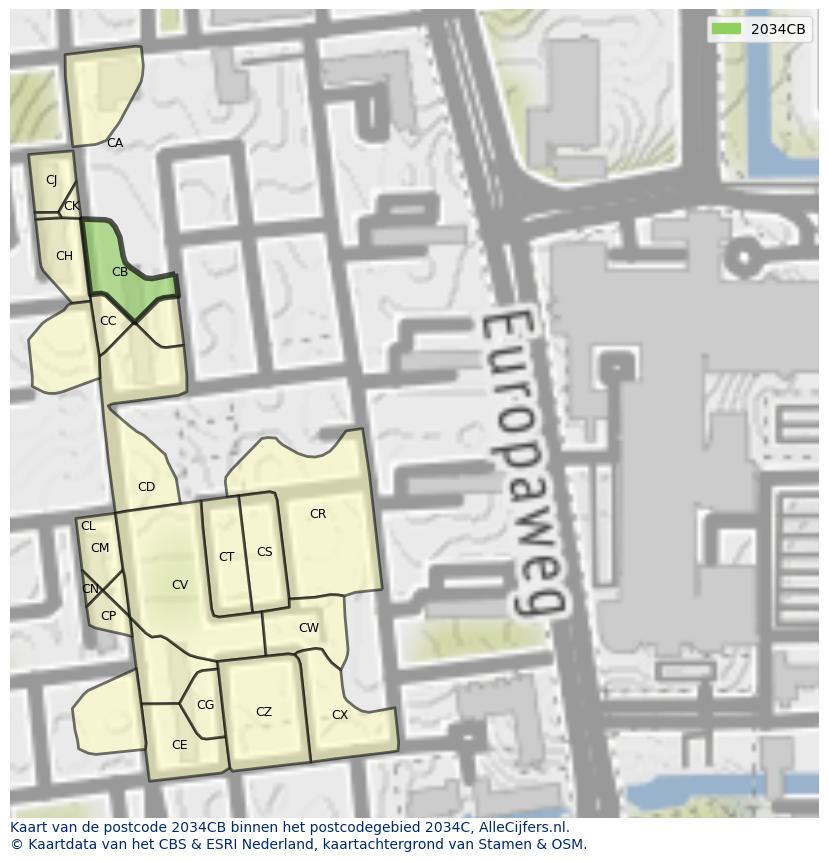 Afbeelding van het postcodegebied 2034 CB op de kaart.