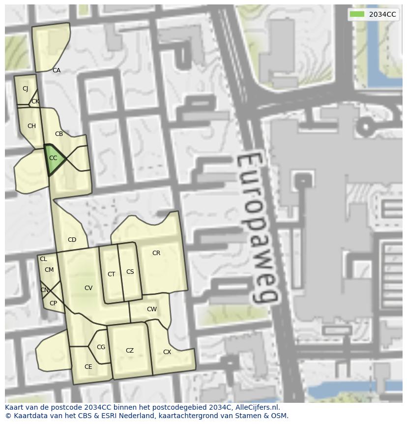 Afbeelding van het postcodegebied 2034 CC op de kaart.