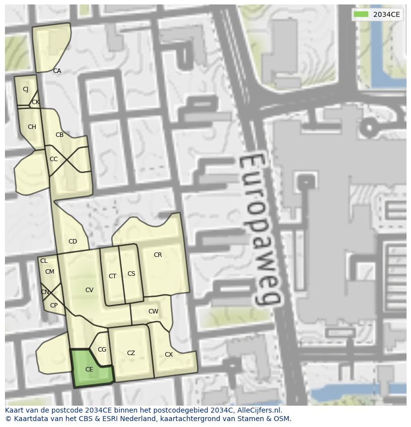 Afbeelding van het postcodegebied 2034 CE op de kaart.