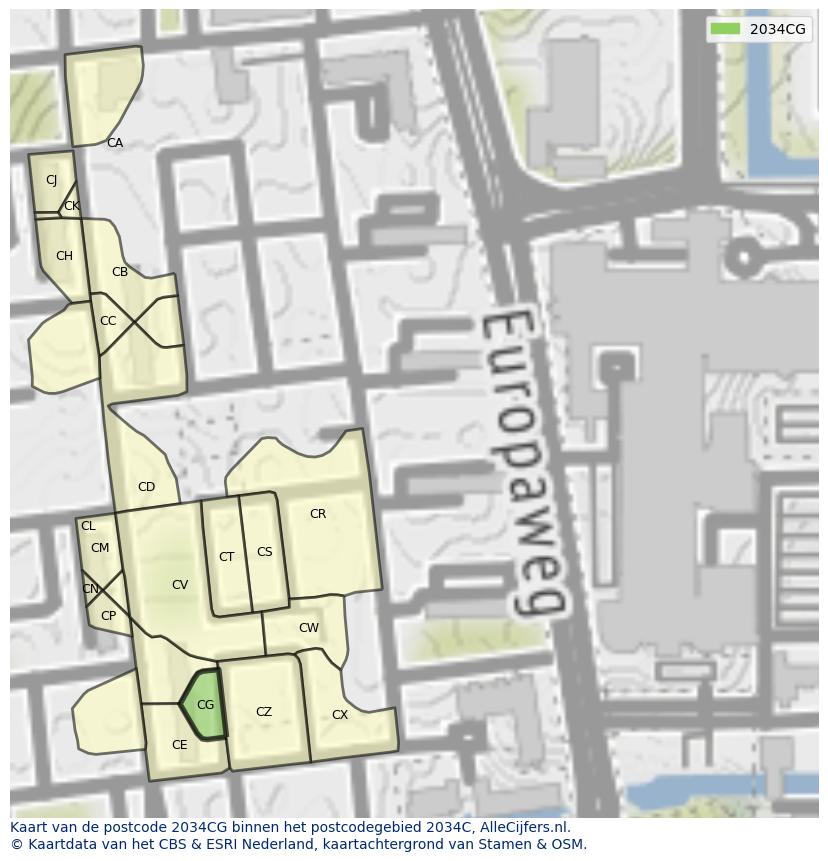 Afbeelding van het postcodegebied 2034 CG op de kaart.