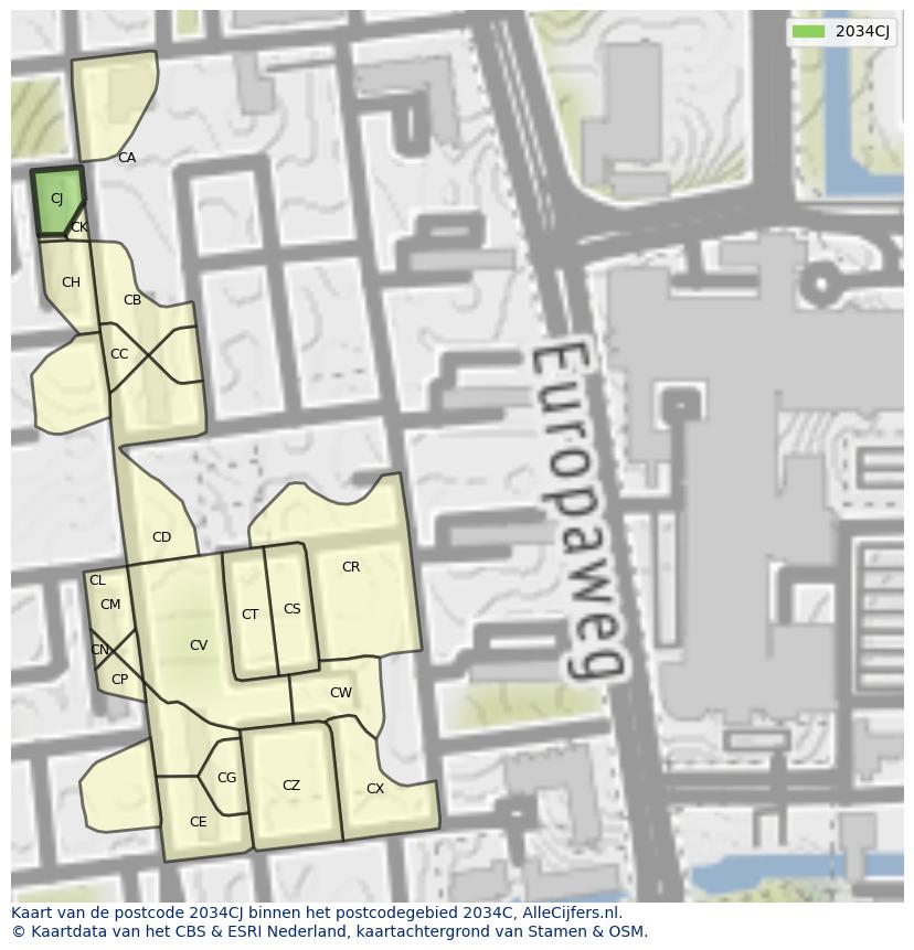 Afbeelding van het postcodegebied 2034 CJ op de kaart.