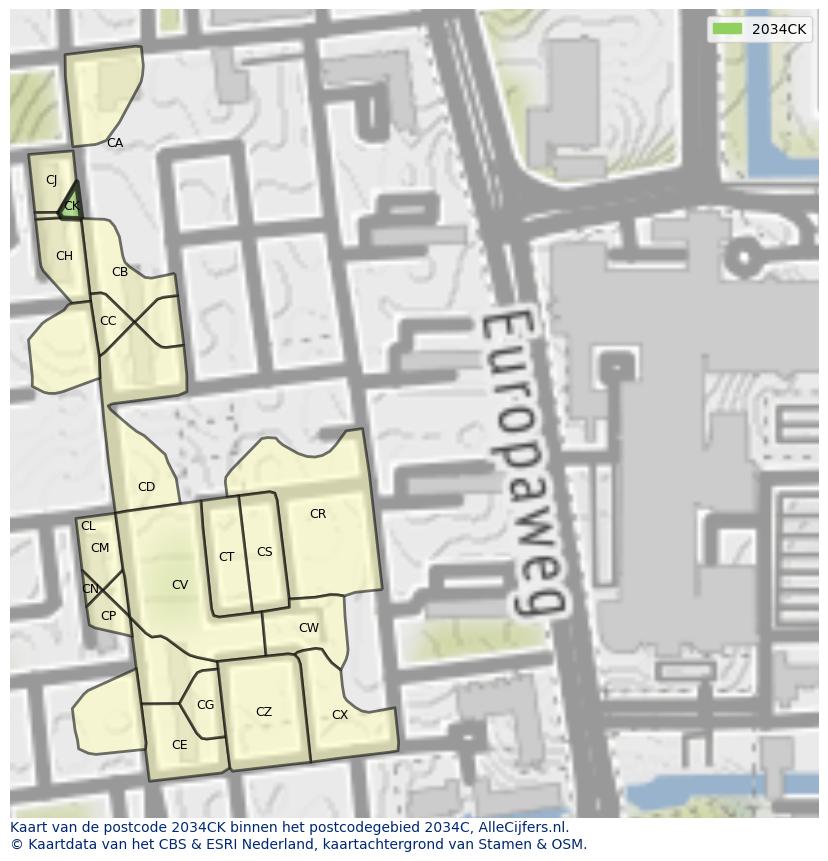 Afbeelding van het postcodegebied 2034 CK op de kaart.