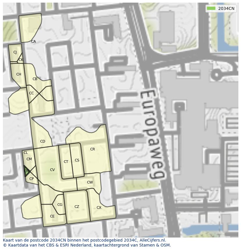 Afbeelding van het postcodegebied 2034 CN op de kaart.