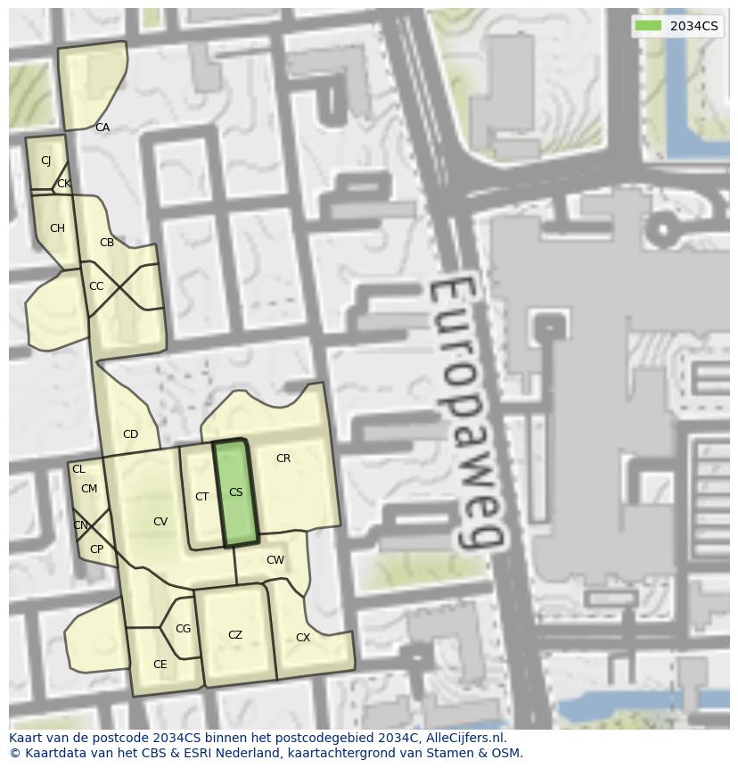Afbeelding van het postcodegebied 2034 CS op de kaart.
