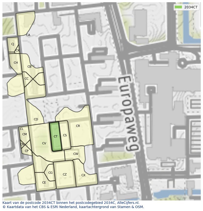 Afbeelding van het postcodegebied 2034 CT op de kaart.