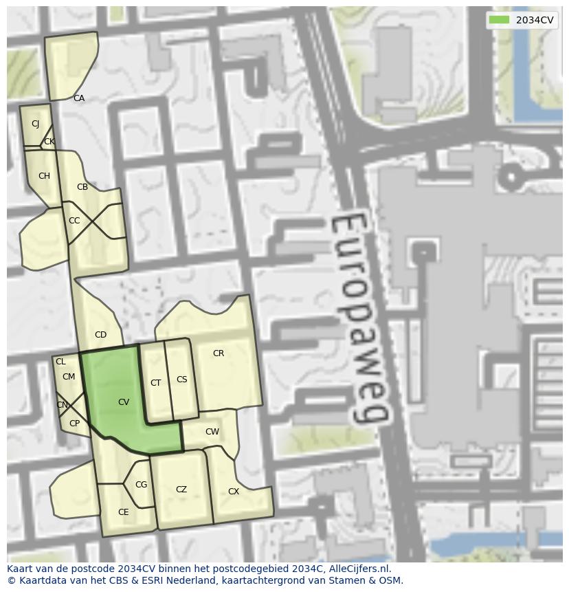 Afbeelding van het postcodegebied 2034 CV op de kaart.