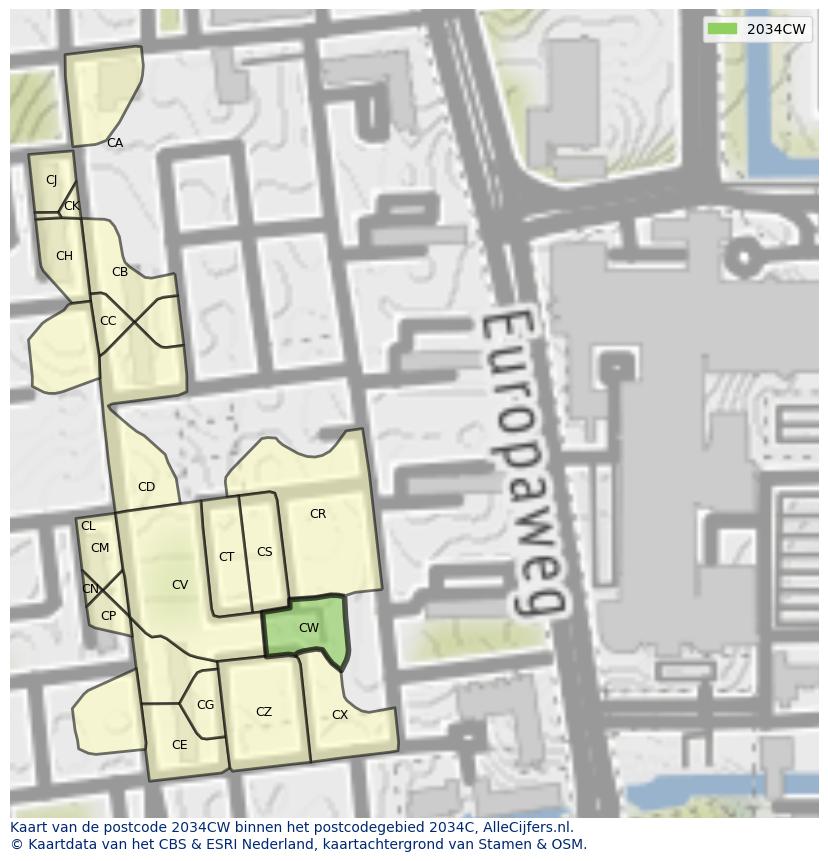 Afbeelding van het postcodegebied 2034 CW op de kaart.