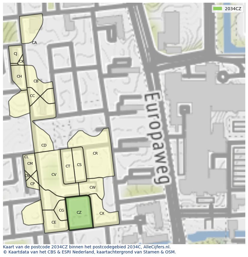 Afbeelding van het postcodegebied 2034 CZ op de kaart.