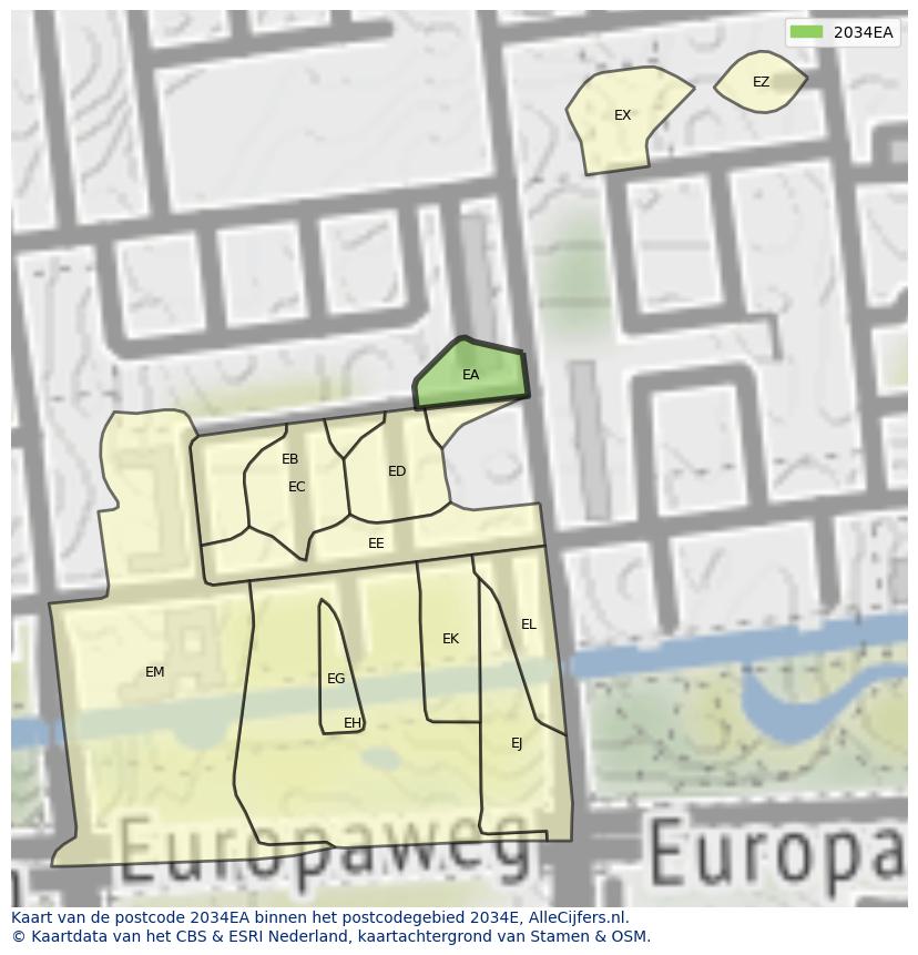Afbeelding van het postcodegebied 2034 EA op de kaart.