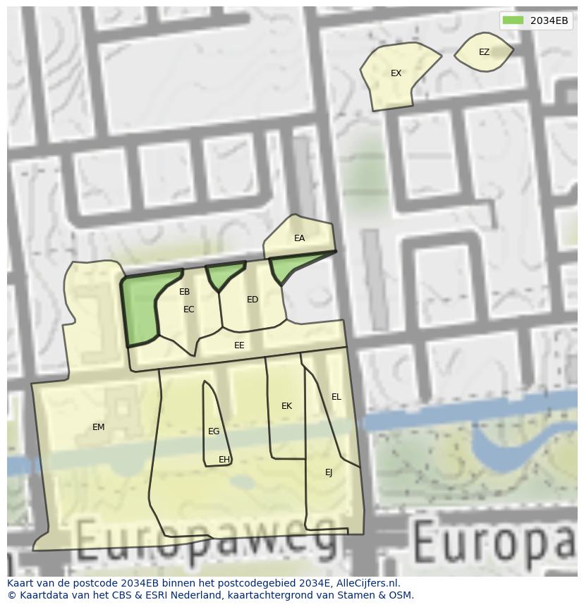 Afbeelding van het postcodegebied 2034 EB op de kaart.