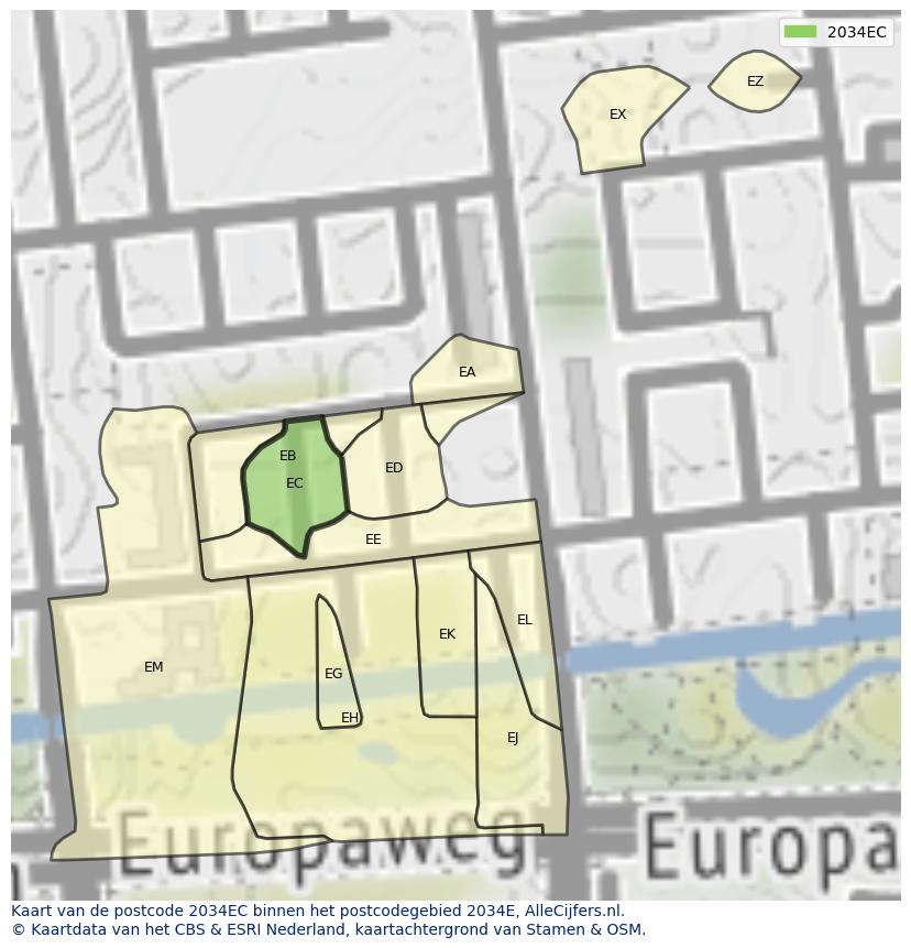Afbeelding van het postcodegebied 2034 EC op de kaart.