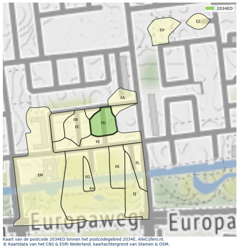 Afbeelding van het postcodegebied 2034 ED op de kaart.