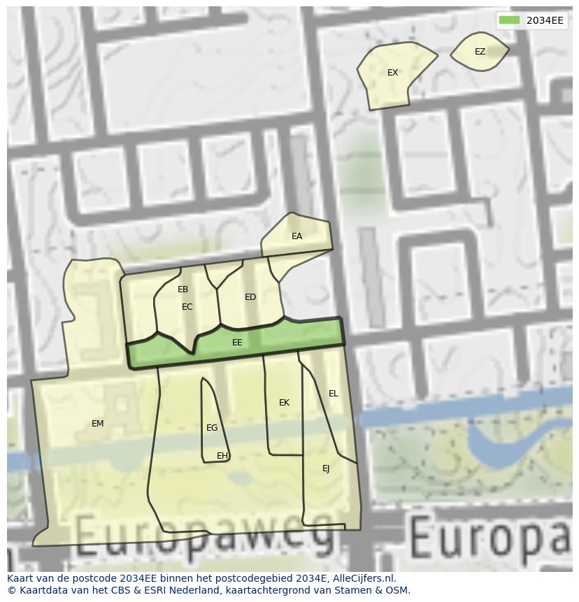 Afbeelding van het postcodegebied 2034 EE op de kaart.