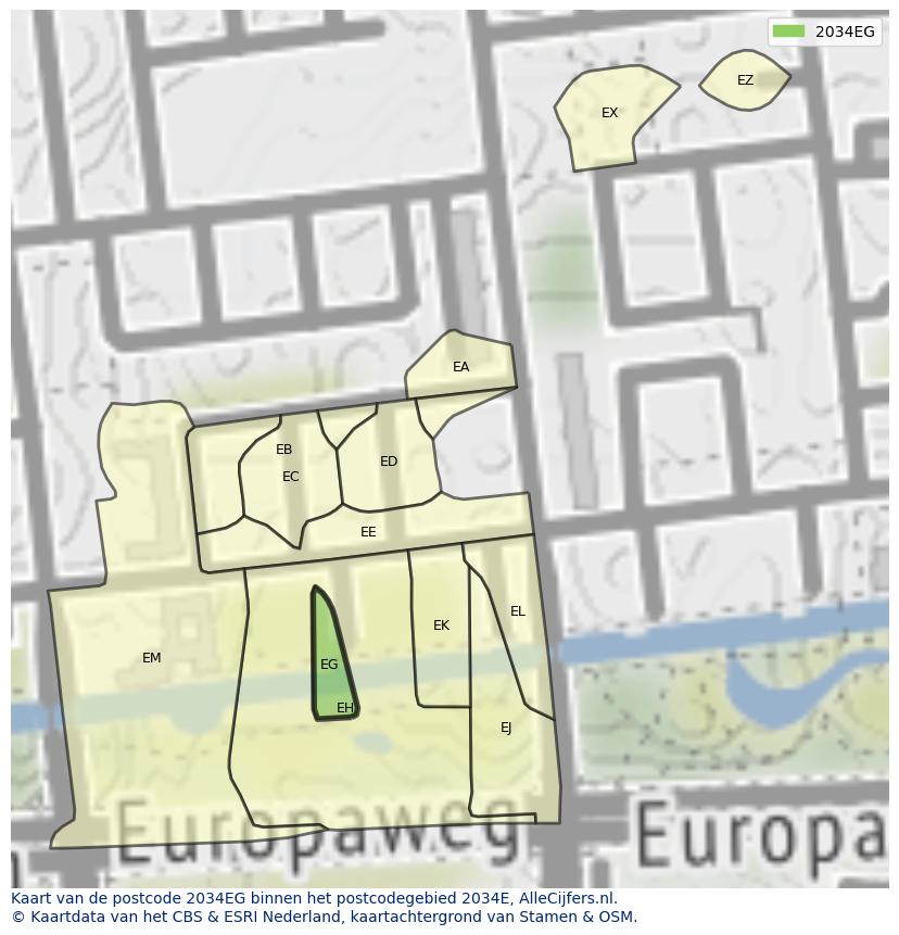 Afbeelding van het postcodegebied 2034 EG op de kaart.