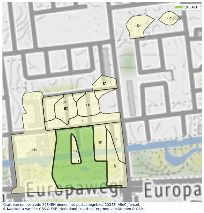 Afbeelding van het postcodegebied 2034 EH op de kaart.